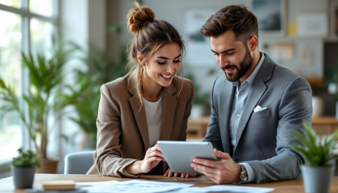 A close-up of a woman and a man in business attire, smiling and discussing project plans in a modern office environment. The background features sleek office furniture and greenery, creating a vibrant and professional atmosphere.