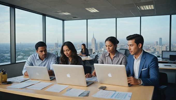 A diverse group of professionals collaborating in a modern office space, with a large window showcasing a city skyline in the background. They are engaged in a brainstorming session around a table with laptops and documents.