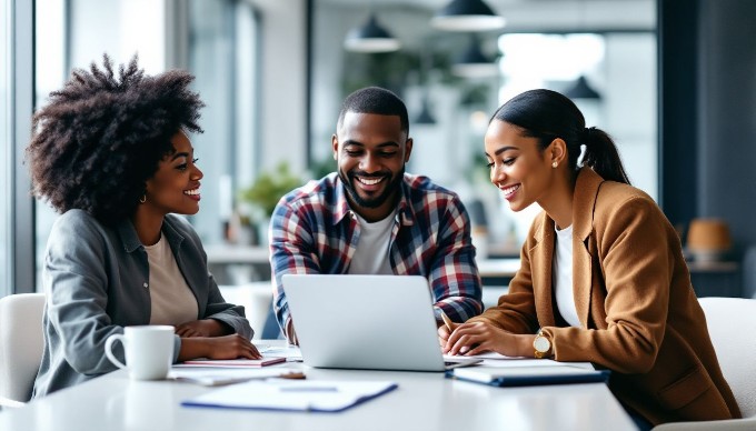 A diverse group of professionals collaborating in a modern office space, discussing over a laptop and taking notes, with large windows allowing natural light to fill the room.