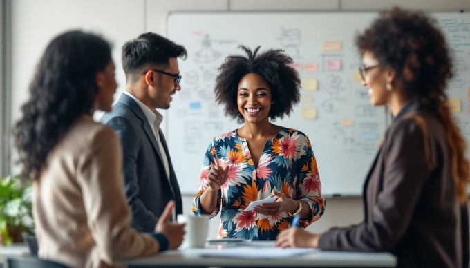 A mixed-gender team of corporate professionals brainstorming in a bright, modern meeting room. The team consists of an Asian man in a suit, a Black woman wearing a colorful blouse, and a Hispanic woman with long hair in a smart jacket, all gathered around a whiteboard filled with notes and diagrams, smiling and exchanging ideas.