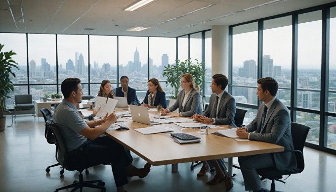 A diverse group of professionals collaborating around a modern conference table, reviewing documents and discussing ideas, with laptops and notepads in front of them.