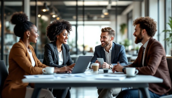 A diverse group of professionals collaborating in a modern office space, discussing ideas around a conference table with laptops and documents.