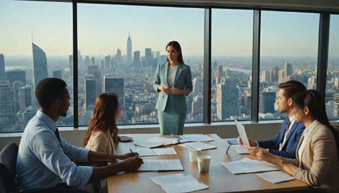 A businesswoman presenting a project to her diverse team in a modern office setting, showcasing teamwork and collaboration.