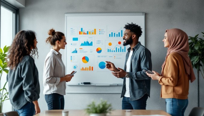 A diverse team of employees brainstorming in a conference room, surrounded by charts and a whiteboard.