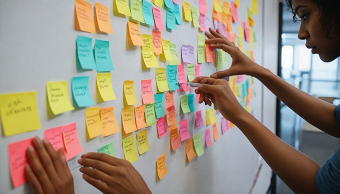 A close-up of hands from a diverse group of professionals brainstorming on a whiteboard filled with colorful sticky notes. The hands include those of a Black woman, a Middle-Eastern man, and a Caucasian woman, all showcasing collaboration and creativity in a corporate environment.