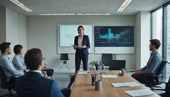 A focused businesswoman giving a presentation to her colleagues in a bright, open-plan office, with a large screen displaying graphs and data.