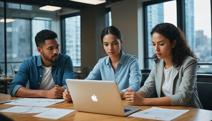 A diverse group of professionals collaborating around a modern conference table, with laptops and documents spread out, in a bright corporate office environment.