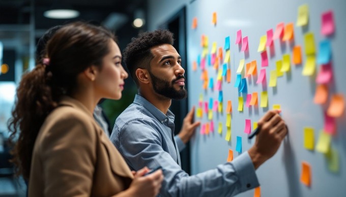 A close-up of a multicultural team brainstorming ideas on a whiteboard in a bright, modern conference room, with sticky notes and diagrams visible.