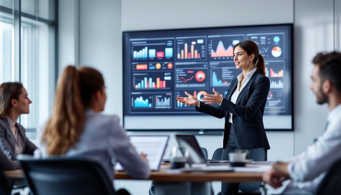 A businesswoman presenting ideas to her colleagues in a stylish conference room, with a large screen displaying graphs and charts in the background.