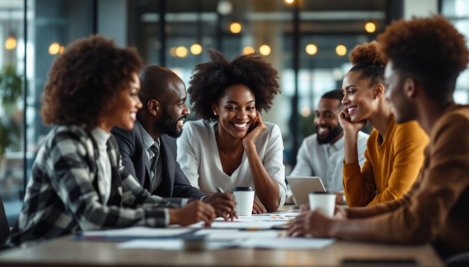 A diverse group of professionals collaborating around a modern conference table, discussing strategies with laptops and documents spread out.