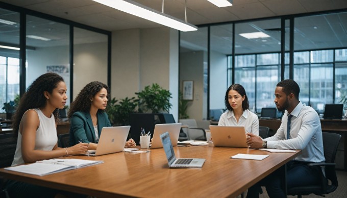 A diverse group of four professionals engaged in a collaborative meeting around a conference table, with laptops and documents spread out, showcasing teamwork in a modern office environment.