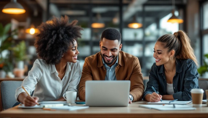 A diverse group of professionals collaborating in a bright, modern office space. They are gathered around a table with laptops and documents, discussing a project. The atmosphere is focused and energetic, with large windows letting in natural light.