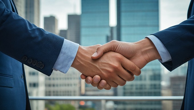 A close-up of two business partners shaking hands in a corporate office setting, with a city skyline visible through the window behind them.