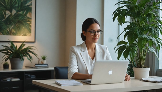 A close-up of a businesswoman smiling and working on a laptop in a bright, contemporary office setting, with plants and art on the walls in the background.