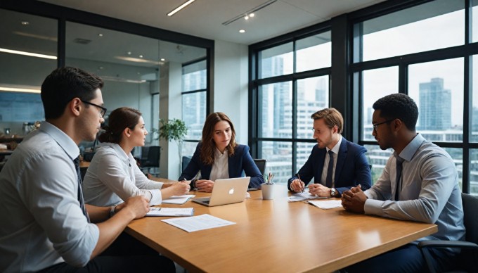 A diverse group of professionals collaborating in a modern office environment, discussing ideas around a conference table with laptops and documents spread out.