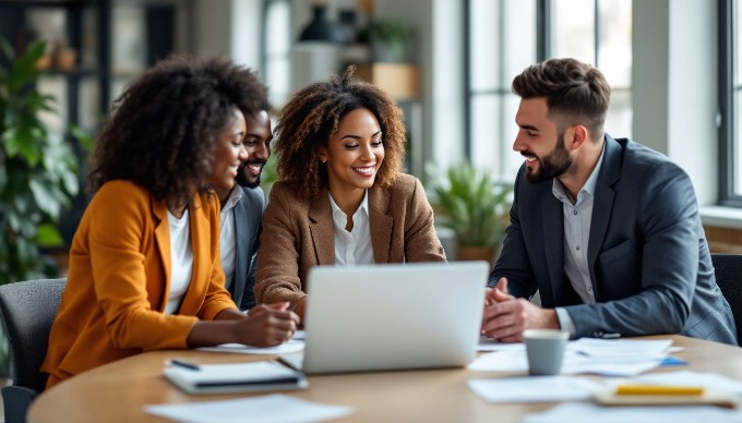 A diverse group of professionals collaborating in a modern office space, discussing over a laptop and notes.