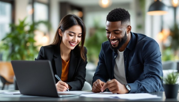 A woman and a man of different ethnic backgrounds brainstorming together in a stylish office environment, highlighting teamwork and creativity. They are surrounded by notes and digital devices, emphasizing a modern collaborative workspace.