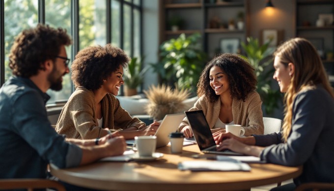 A diverse group of professionals collaborating in a modern office setting, brainstorming ideas around a table with laptops and notebooks.