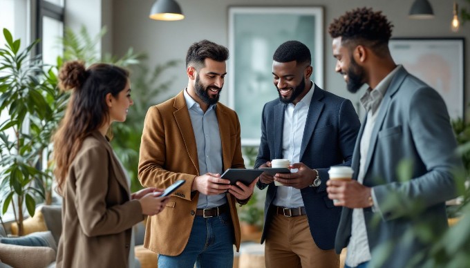 A multicultural group of business people discussing a project in a stylish office lounge, surrounded by plants and contemporary furniture.