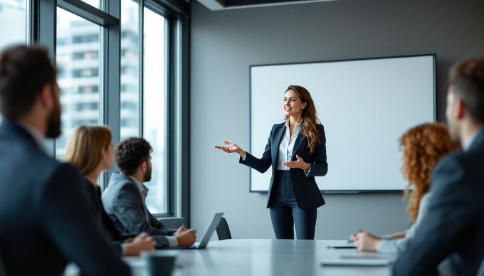 A businesswoman presenting a project to her colleagues in a bright, airy conference room.