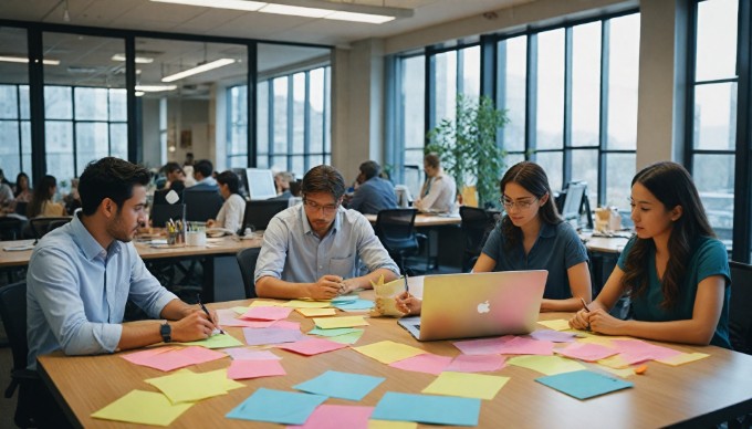 A diverse group of professionals collaborating around a conference table, engaged in a brainstorming session with laptops and notepads.