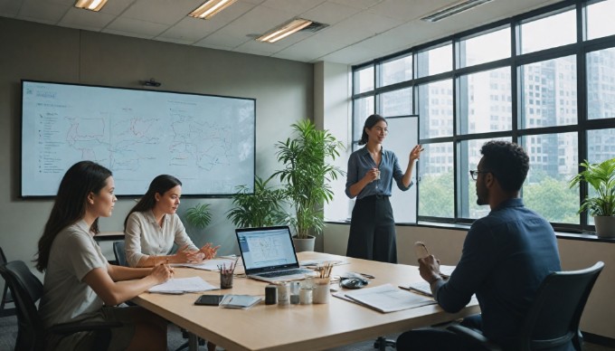 A professional woman presenting a project to a diverse team in a modern office, with large windows and greenery in the background, highlighting collaboration and innovation.