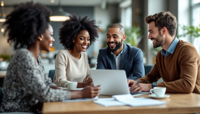 A diverse group of professionals collaborating in a modern office space, discussing ideas over a laptop and notepad, with large windows allowing natural light to flood the room.