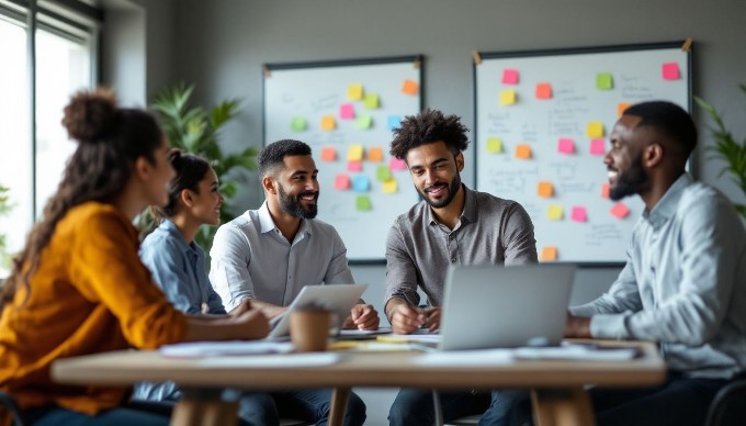 A diverse team of office workers brainstorming ideas in a contemporary meeting room.