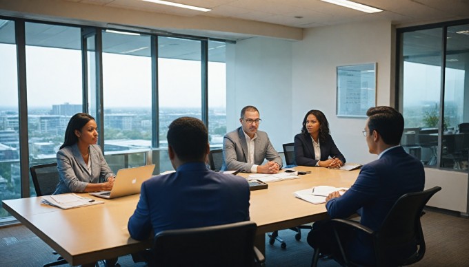 A diverse group of professionals collaborating in a modern office space, brainstorming ideas around a large table with laptops and documents.