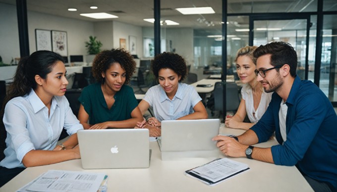 A diverse group of professionals collaborating in a modern office space, discussing ideas over a laptop and notepad, with large windows allowing natural light to flood the room.