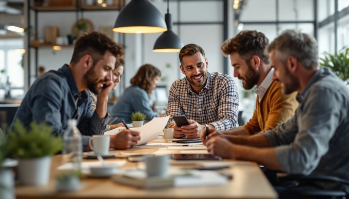 En gruppe diverse professionelle mennesker, der samarbejder ved et moderne kontorbord. De ser glade og engagerede ud, mens de diskuterer ideer og kigger på en bærbar computer. Deres tøj har farverige detaljer, og kontorindretningen er lys og indbydende.