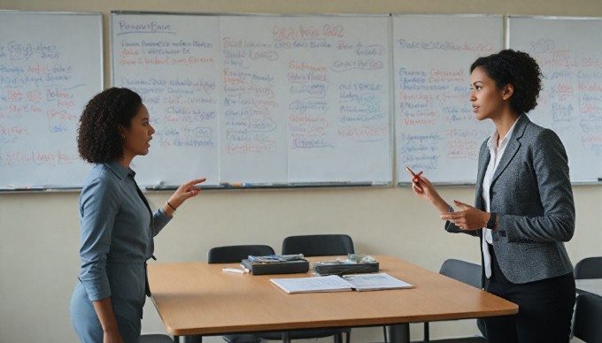 A businesswoman presenting her ideas to a small group of colleagues in a contemporary office space, with a whiteboard and charts in the background.