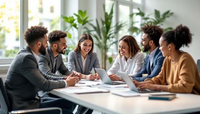 A diverse group of professionals collaborating around a modern conference table, reviewing documents and discussing ideas, with laptops and notepads in front of them.