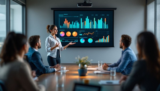 A businesswoman giving a presentation to her colleagues in a sleek conference room, with a projector screen displaying graphs and data.