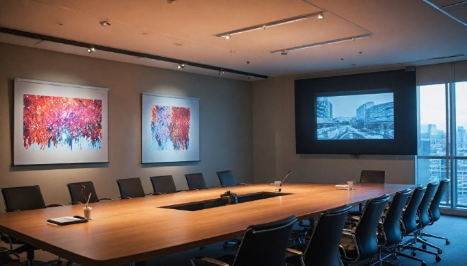 A businesswoman giving a presentation to her colleagues in a sleek conference room, with a projector screen displaying graphs and data.