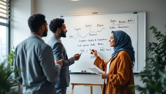 A close-up of a diverse group of colleagues brainstorming ideas on a whiteboard in a stylish office. The team consists of individuals with varying ethnic backgrounds, sharing insights and writing on the board.