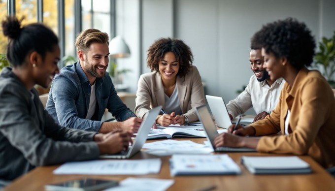 A diverse group of professionals collaborating around a modern conference table, discussing ideas with laptops and documents spread out in front of them. The setting is a bright, contemporary office with large windows letting in natural light.