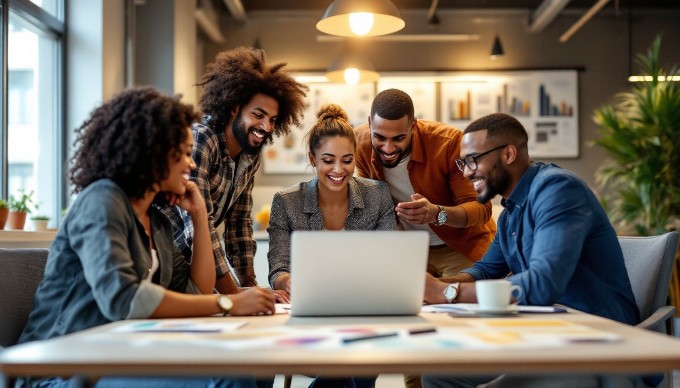 A diverse group of professionals collaborating in a modern office setting, discussing ideas over a laptop.