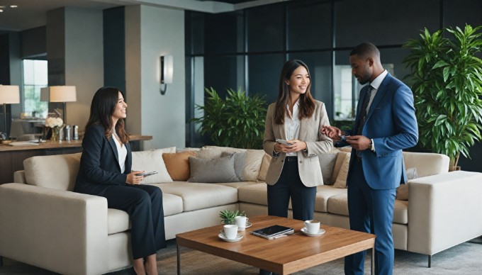 A multicultural group of business people discussing a project in a stylish office lounge, surrounded by plants and contemporary furniture.