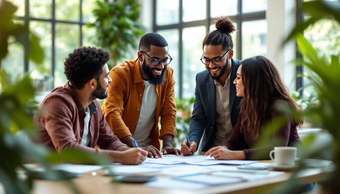 A team of colleagues brainstorming in an open office layout, showcasing diversity and teamwork in a corporate setting.