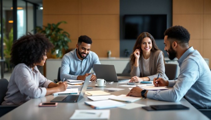 A diverse group of four professionals engaged in a collaborative meeting around a conference table, with laptops and documents spread out, showcasing teamwork in a modern office environment.