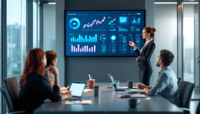 A focused businesswoman giving a presentation to her colleagues in a bright, open-plan office, with a large screen displaying graphs and data.