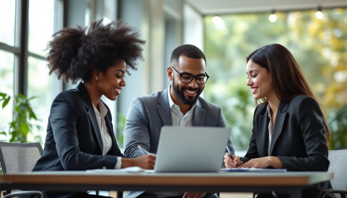 A diverse group of professionals collaborating in a modern office space, discussing over a laptop and notepad, with a bright window background.