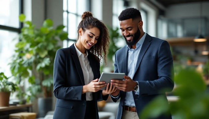 A business woman and a man reviewing a project on a digital tablet in a bright, contemporary office space, with large windows and greenery in the background.