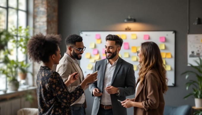 A corporate team meeting in a stylish office, featuring a mix of genders and ethnicities, brainstorming ideas with sticky notes on a whiteboard.