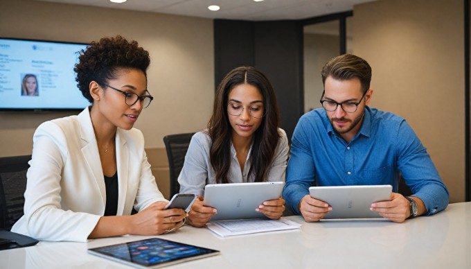 A close-up of a diverse business team discussing strategies over a digital tablet in a stylish conference room, with motivational posters on the walls and a large screen displaying analytics.