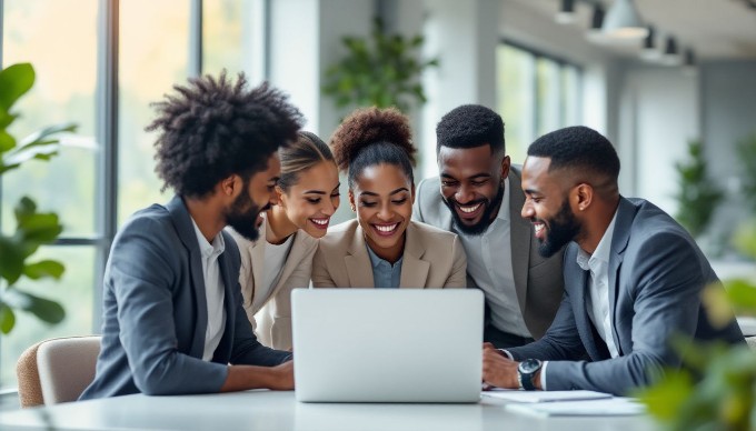 A diverse group of professionals collaborating in a modern office setting, discussing strategies over a laptop, with a bright and inspiring workspace in the background.