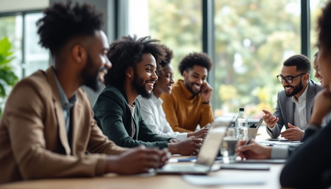 A diverse group of professionals collaborating around a conference table, showcasing teamwork in a corporate office setting. The individuals are engaged in discussion, with laptops and documents spread out on the table, illustrating a productive meeting atmosphere.