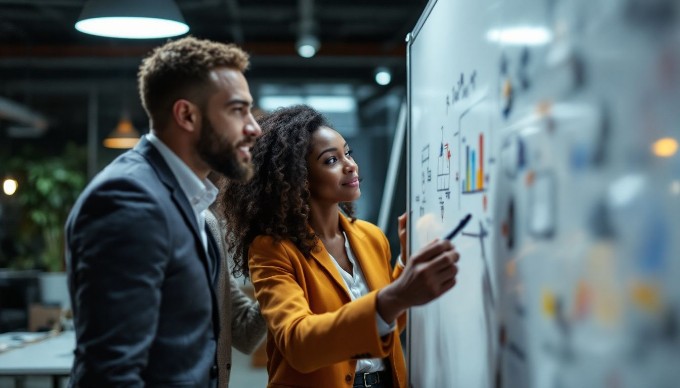 A close-up shot of a group of three office workers brainstorming ideas on a whiteboard, featuring a Caucasian man, a Black woman, and a Middle-Eastern woman. They are dressed in business attire, with the office space showcasing a creative and collaborative atmosphere.