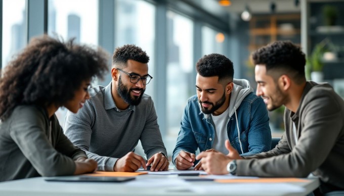 A diverse group of professionals collaborating in a modern office space, with a large window showcasing a city skyline in the background. They are engaged in a brainstorming session around a table with laptops and documents.